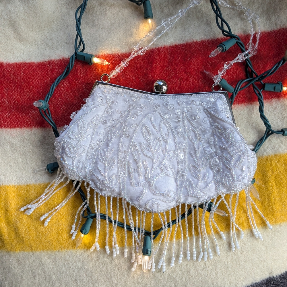 Elegant White Beaded Clutch